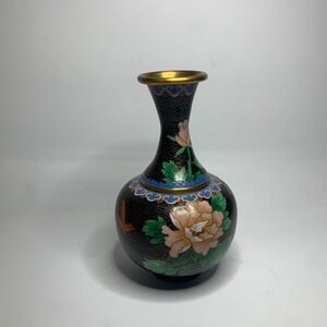 VTG Chinese Cloisonné Enamel Vase 6" - Black Floral Peony Design 20th Century